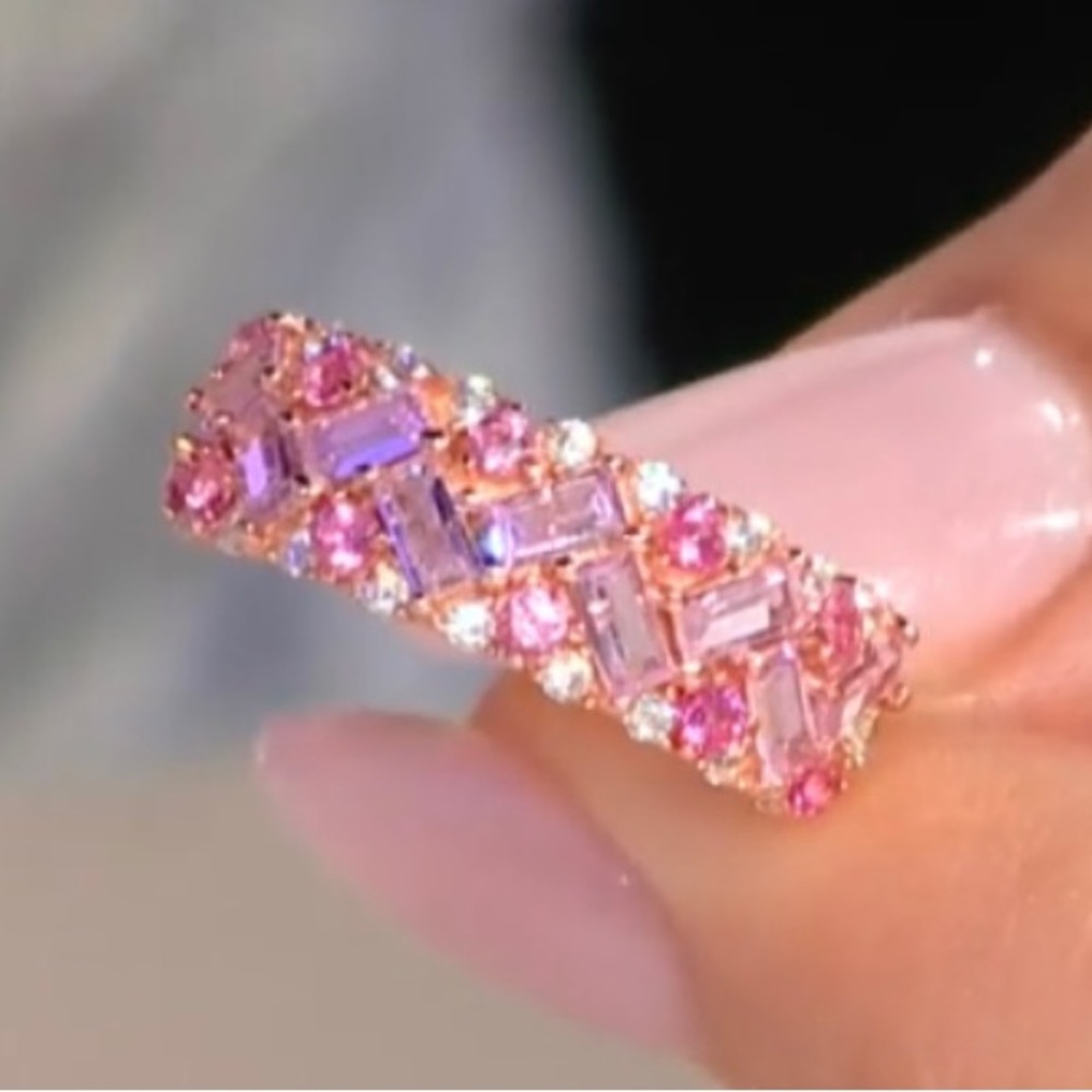 2.72CTs Pink Sapphires, Pink & White Lab Diamonds 18K Rose Gold Over Silver Ring - Picture 6 of 9